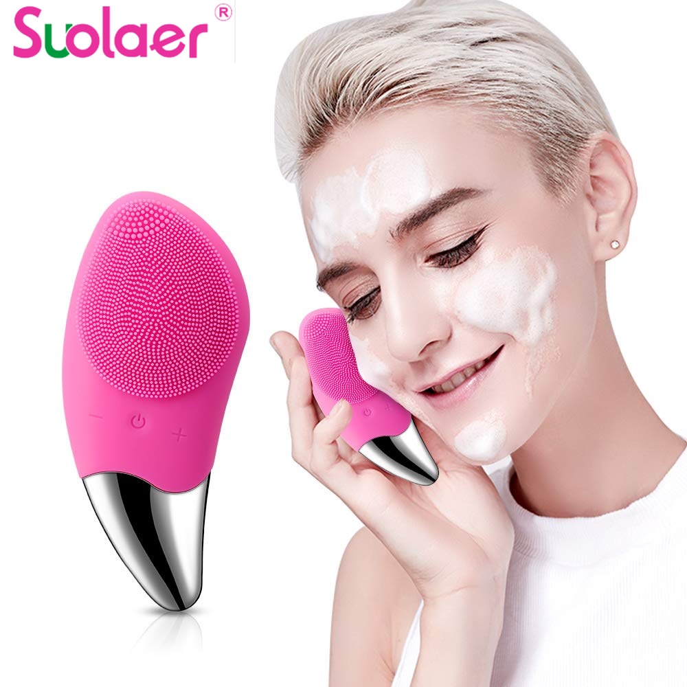 Bàn chải silicone chạy điện Suolaer mini massage rửa mặt làm sạch sâu lỗ chân lông chăm sóc da