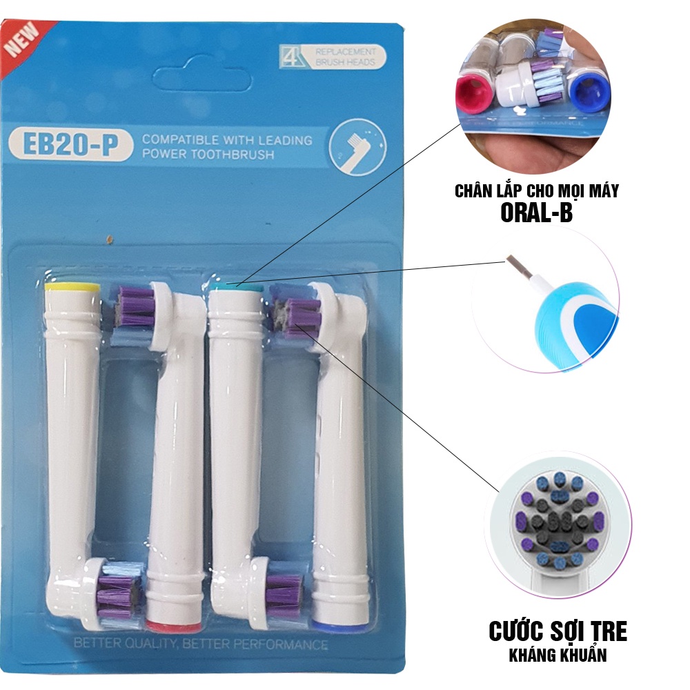 Cho máy Oral B, Set 4 đầu bàn chải than sợi tre kháng khuẩn EB18-P, EB20-P, EB25-P Minh House