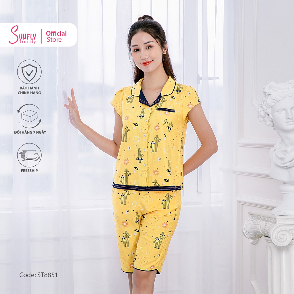 Bộ đồ mặc nhà nữ pijamas linen SUNFLY áo cộc quần trên gối ST8851