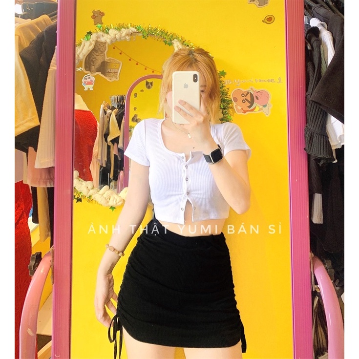 Áo Croptop Tay Ngắn Nút Bấm Chất Gân Co Giãn Ôm Body Siêu Hot 2022 ( ảnh thật ở cuối )