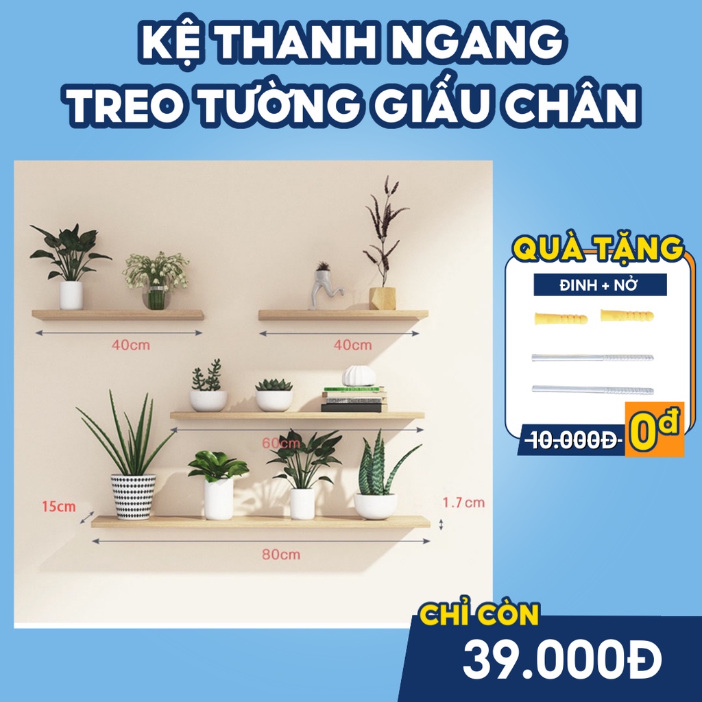 Kệ Thanh Ngang Treo Tường Kết Cấu Giấu Chân YAPI GHC-195 Gỗ Cốt Xanh Chống Ẩm (Tặng kèm phụ kiện)