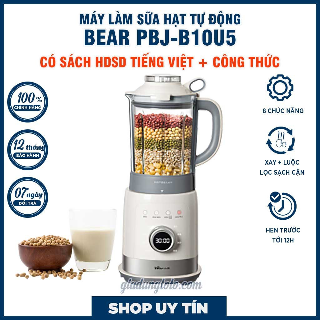 Máy Làm Sữa Hạt Đa Năng - Sữa  Đậu Nành - Xay Sinh Tố - Bear PBJ-B10U5 1,5L- 8 Chế Độ Chức Nắng_Bảo Hành Chính Hãng1 Năm