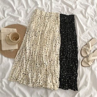 Chân váy midi hoa bi xòe dài xếp ly nhăn vintage điệu đà