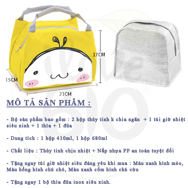 [TẶNG TÚI GIỮ NHIỆT + BỘ THÌA ĐŨA] Hộp cơm văn phòng - 2 Hộp cơm thủy tinh giữ nhiệt không chia ngăn - BIO52