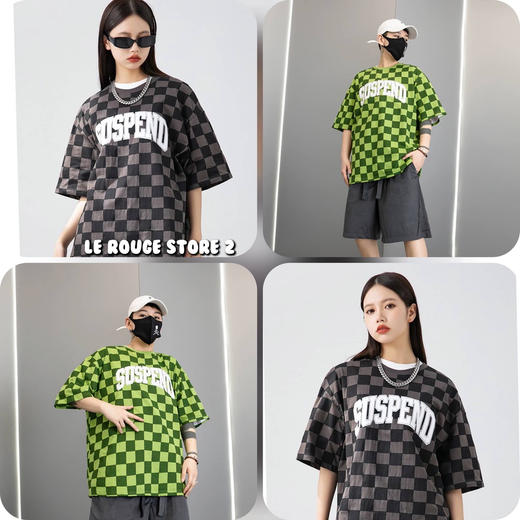 Áo thun local brand nam nữ hoạ tiết bàn cờ caro in chữ trắng Suspend bao nổi chất thun pha polyester 2 màu