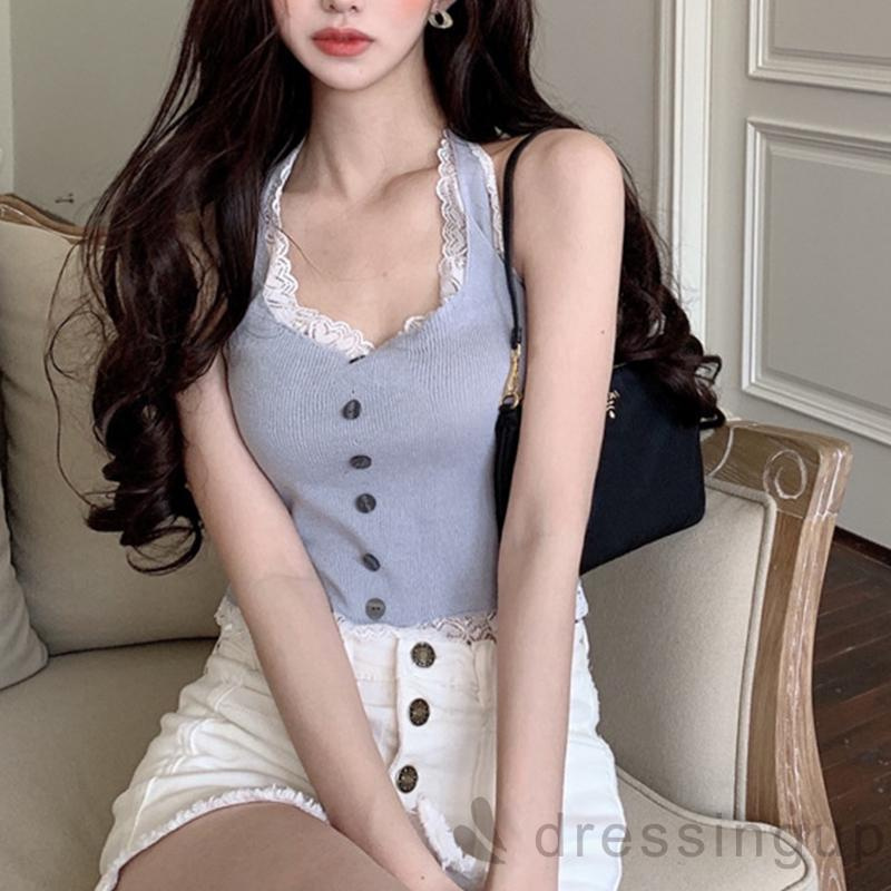 Áo ba lỗ croptop nữ màu phối ren trang trí nút áo phía trước