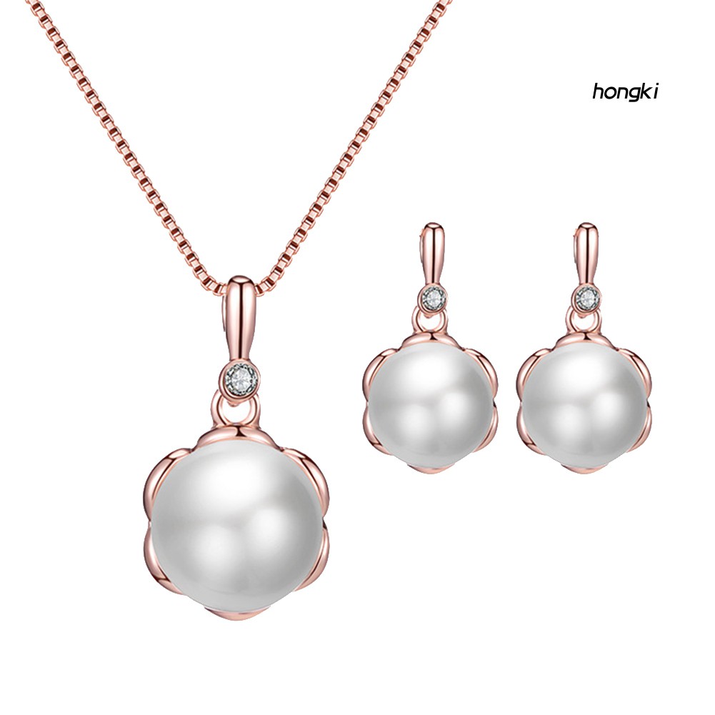 Bộ Dây Chuyền + Khuyên Tai Đính Ngọc Trai Nhân Tạo Xinh Xắn Thời Trang Cho Phụ Nữ