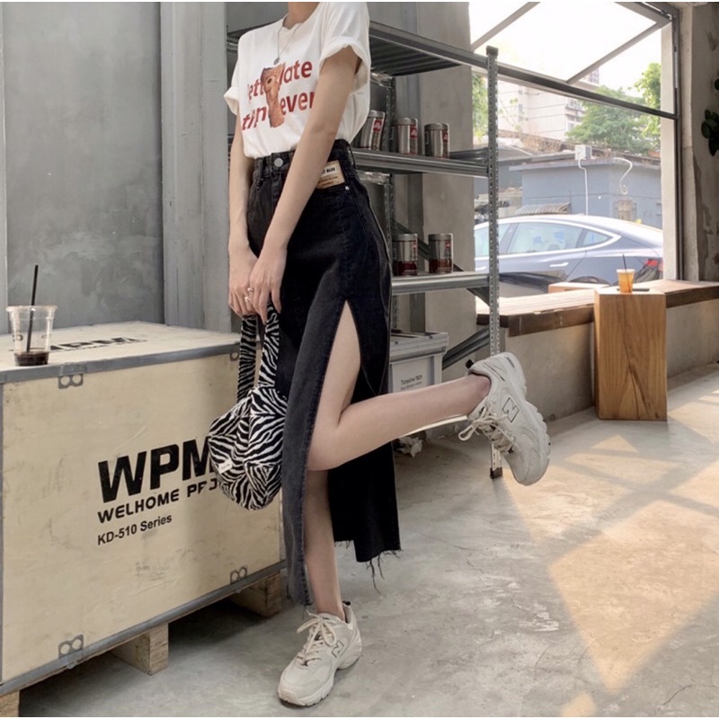 Chân váy bò xẻ tà, chân váy demin, chân váy cạp cao
