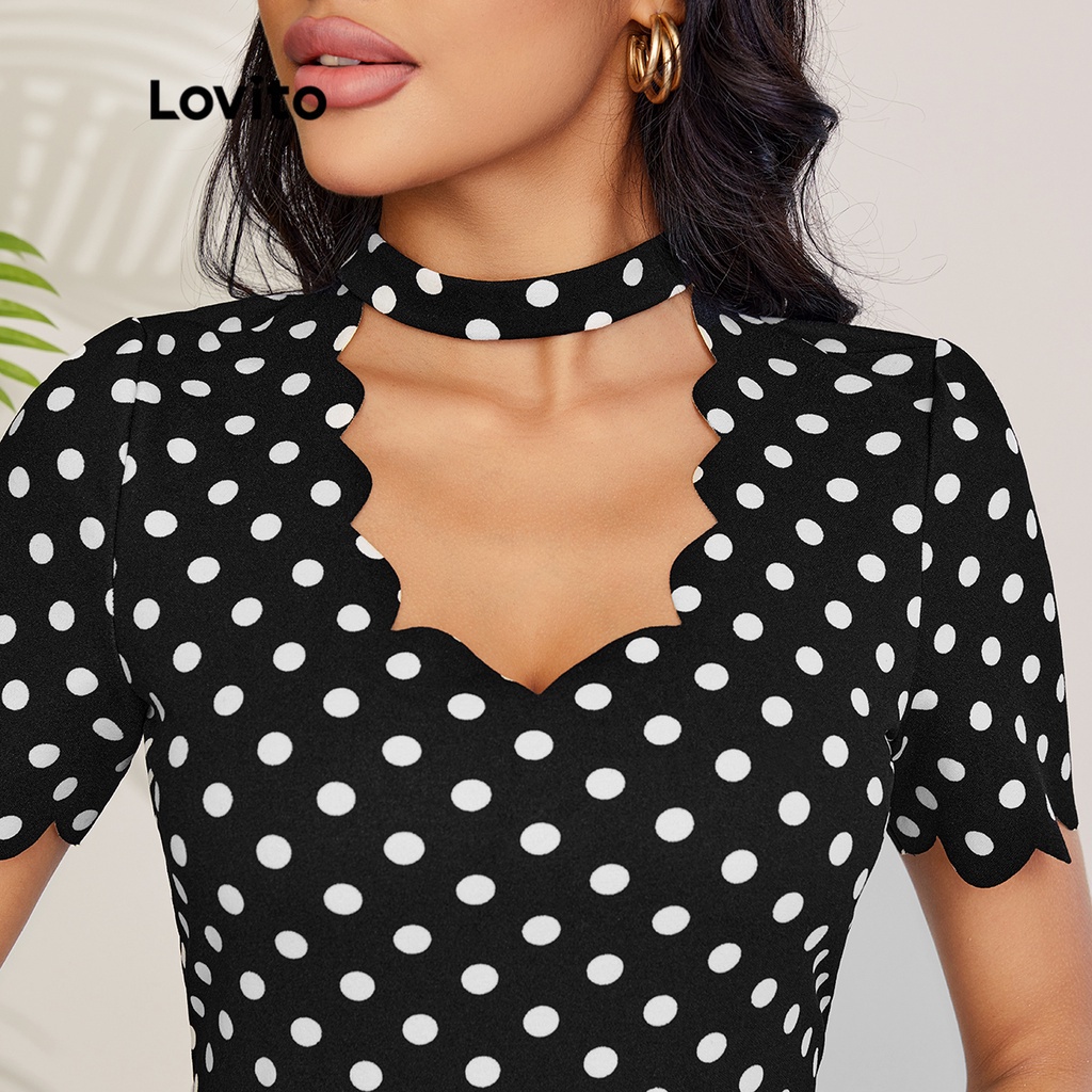 Áo thun Lovito thiết kế ren tương phản họa tiết chấm bi L27LD072 (màu đen)