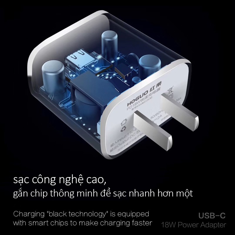 bộ sạc nhanh ip kèm theo dây sạc dẹt Lightning sạc nhanh 18W dành cho các dòng máy iPhone bảo hành 12 tháng  HGO6-IP