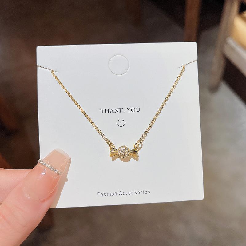 XiaoboACC Vòng cổ Bằng Thép Titan Mạ Vàng Mặt Hình Viên Kẹo Đính Đá Zircon - 38CM+6CM