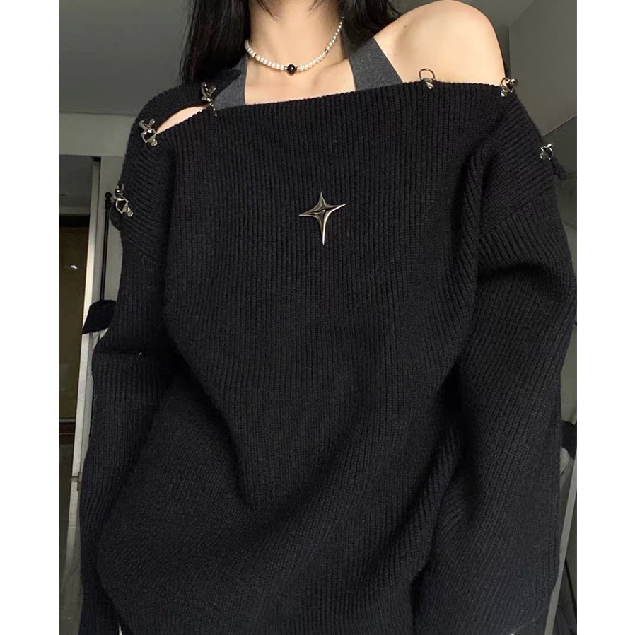 Áo Sweater Dệt Kim Trễ Vai Dáng Rộng Thời Trang Mùa Thu Cho Phái Nữ