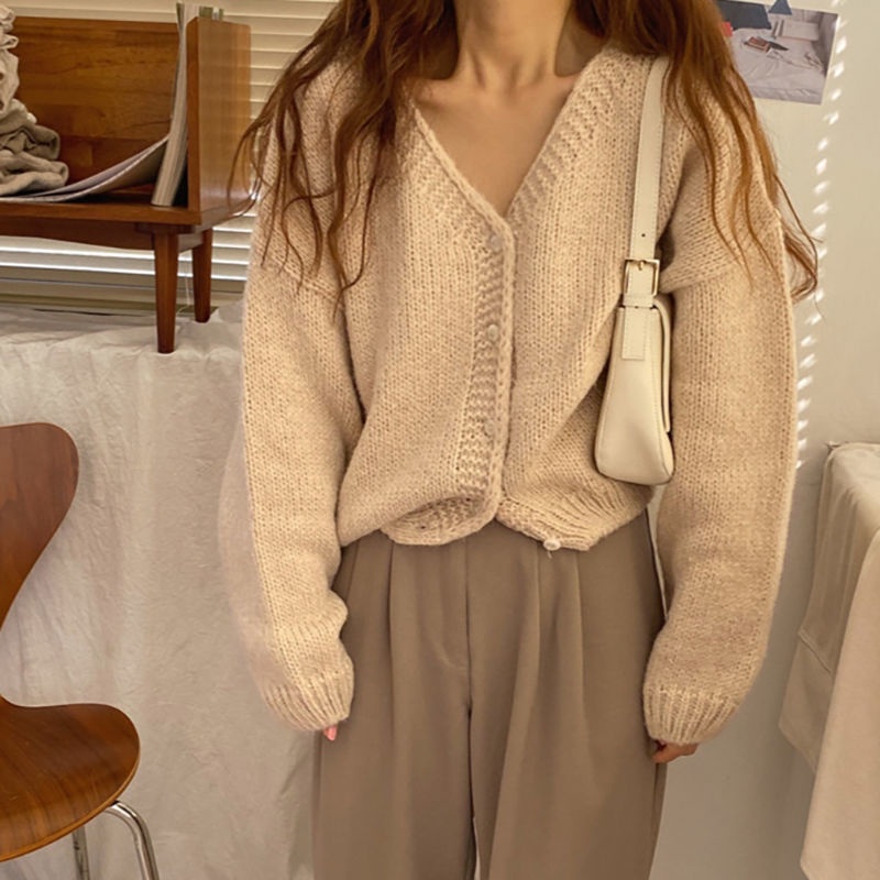 Áo Khoác Cardigan Dệt Kim Tay Dài Cổ Chữ v Màu Sắc Đơn Giản Cho Nữ