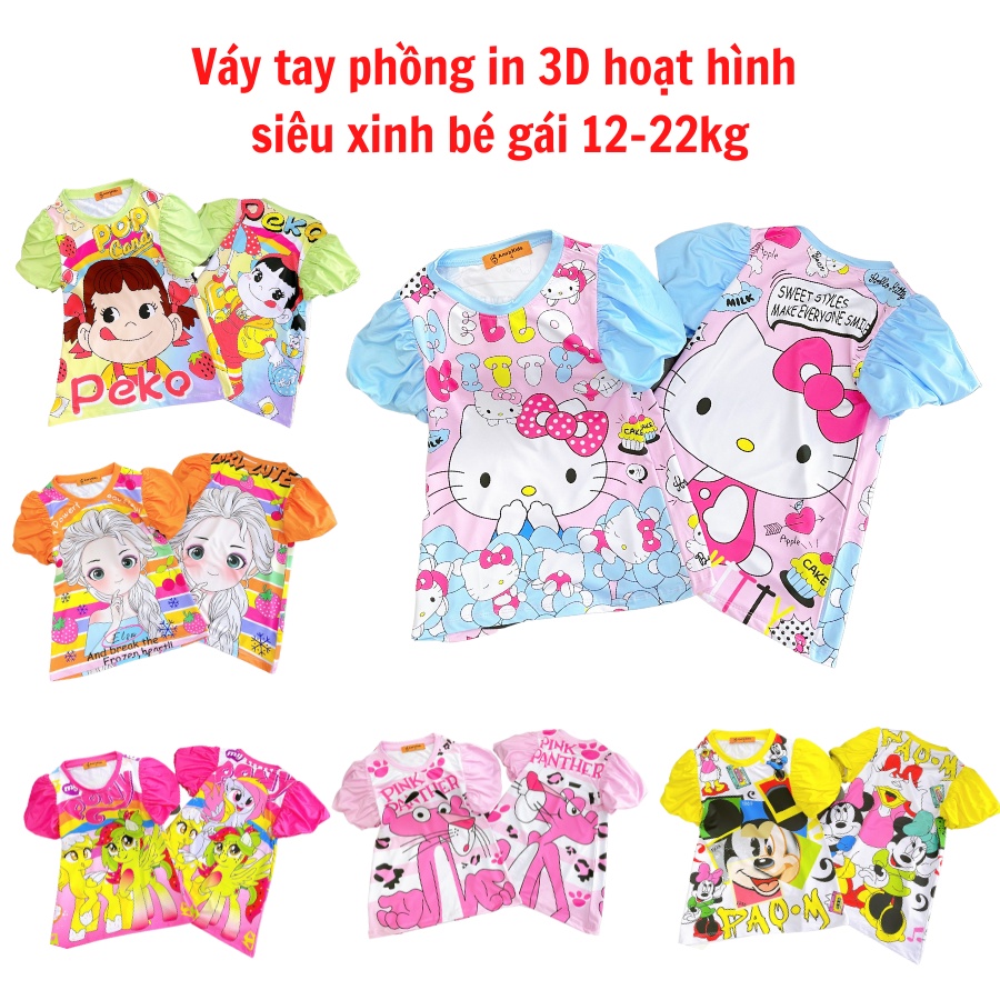 Đầm thun lạnh in hoạt hình 3D siêu yêu cho bé gái, váy đầm công chúa dễ thương phối bèo xinh xắn