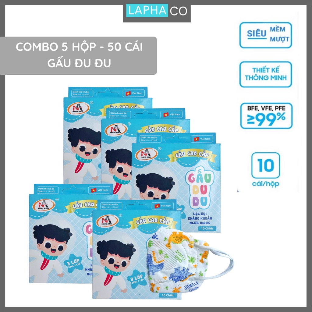 [ GẤU DU DU NAM ANH - COMBO 5 TÚI - 50CÁI] Khẩu trang trẻ em 3d Gấu Du Du Famapro Kháng giọt bắn, Kháng khuẩn