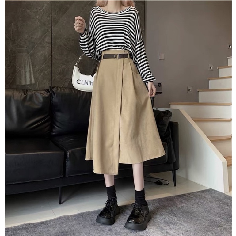 Chân váy nhung tăm dài lưng chun vạt lệch kèm đai Vintage - Lumii
