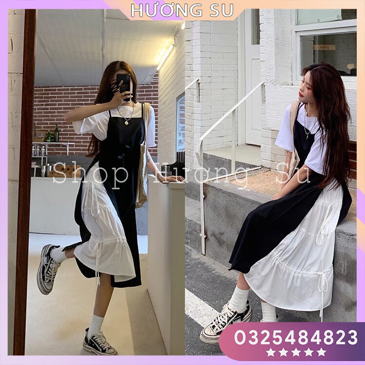 Set váy trắng yếm đen nơ bụng cá tính cho nữ Hương Su-(PVN1855)