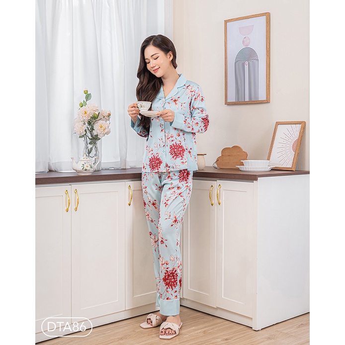 Bộ ngủ mặc nhà satin ZAM Luxury - DTA86 - áo dài tay quần dài hoạ tiết