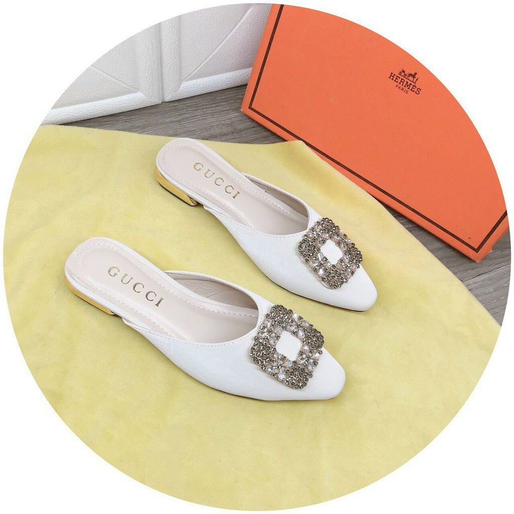 Giày sục nơ vuông đính đá gót mạ chống xước - 2P