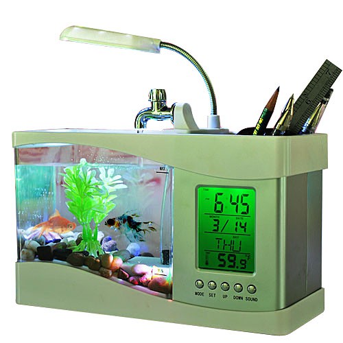Bể Cá Mini  Free ship - bể cá phong thủy kiêm đồng hồ để bàn, có đèn led (có tặng kèm đá và cây cảnh)