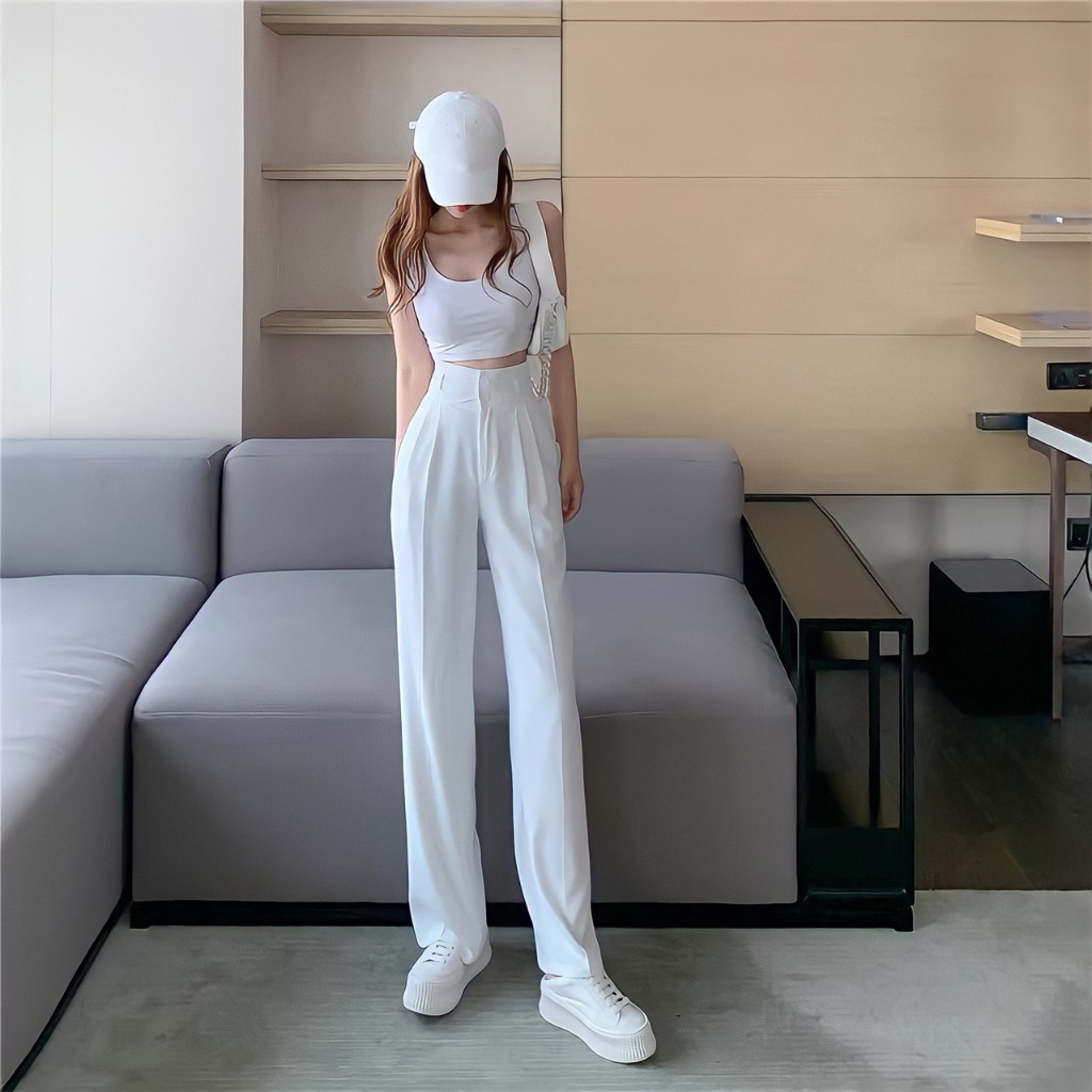 Quần Ống Rộng Lưng Cao 2 Khuy, Quần Ống Suông Cạp Cao 2 Cúc Phong Cách Hàn Quốc Trẻ Trung Năng Động 002