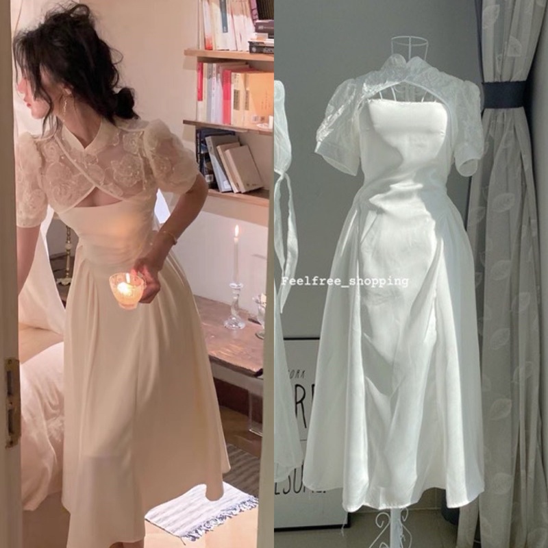 Set Váy Trắng + Áo Ren Hoa In Nổi 2 Dây Kèm Mút Ngực Kỷ Yếu Đi Tiệc Đi Chơi (Hình Thật) S2897