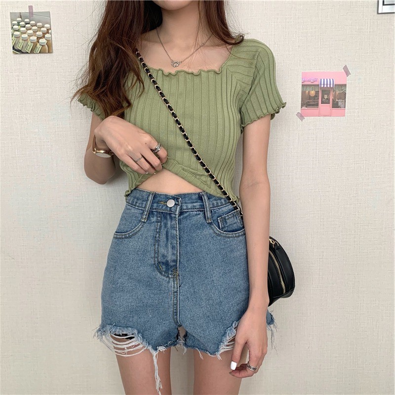 Áo croptop nữ, Áo ngắn tay nữ trễ vai sành điệu, hàng dệt kim xịn xò | BigBuy360 - bigbuy360.vn