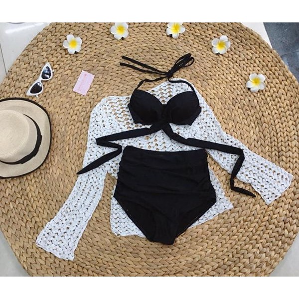 Bikini hai mảnh đẹp buộc chéo đen cạp cao bộ đồ bơi siêu hot