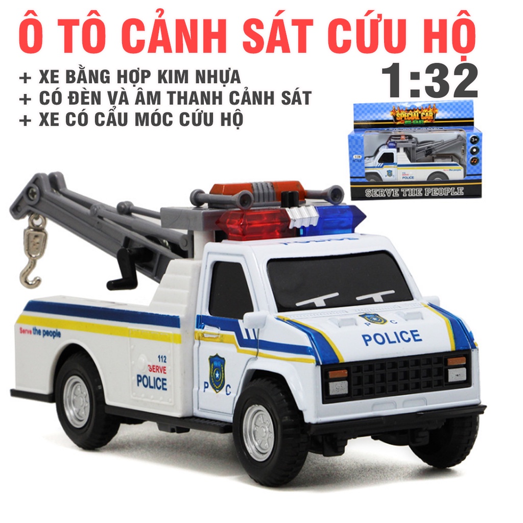 Xe ô tô cảnh sát cứu hộ mini đồ chơi trẻ em có âm thanh và đèn xe bằng hợp kim và nhựa