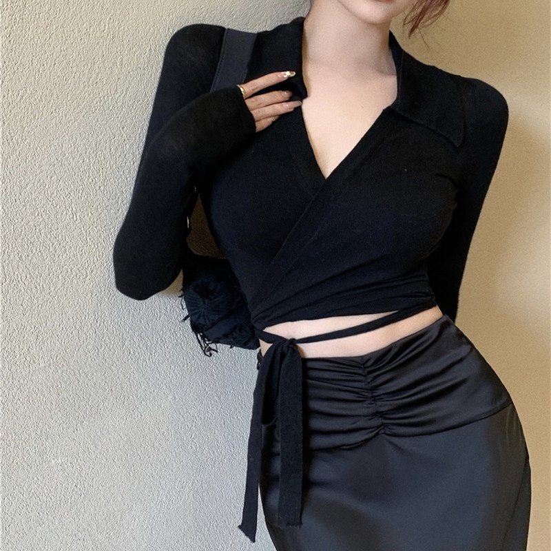 Áo thun dệt kim cổ polo tay dài ôm dáng độc đáo thời trang mùa thu dành cho nữ