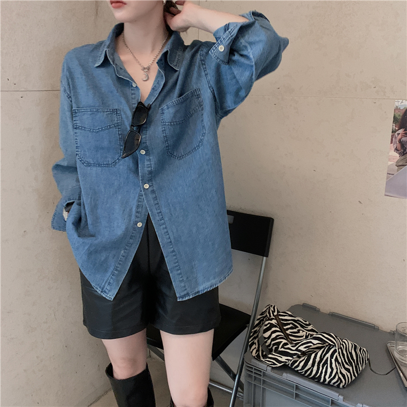 Áo Sơ Mi Denim Xiaozhainv Tay Dài Dáng Rộng Kiểu Hàn Quốc Dễ Phối Đồ Cho Nữ