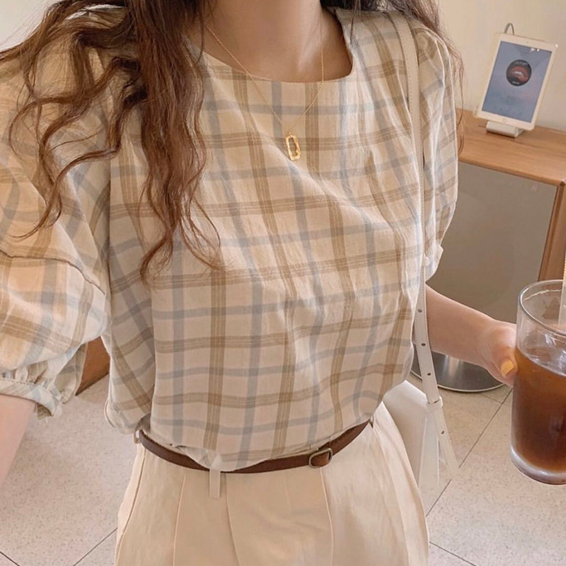 IELGY Áo Sơ Mi Tay Phồng Cổ Tròn Họa Tiết Kẻ Sọc Đơn Giản Ngọt Ngào Cho Nữ