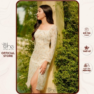 Váy hoa cổ vuông tay dài She, váy đầm hoa nhí xẻ tà midi đi làm công sở SDX92