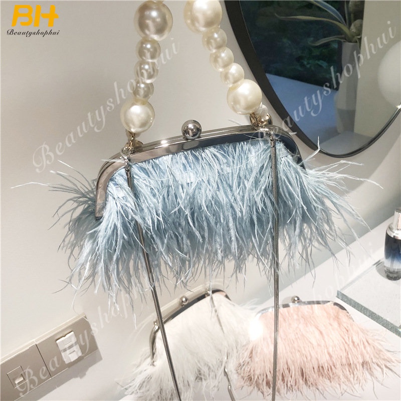 Túi Đeo Chéo Lông Đà Điểu Đính Ngọc Trai Thời Trang Cho Nữ