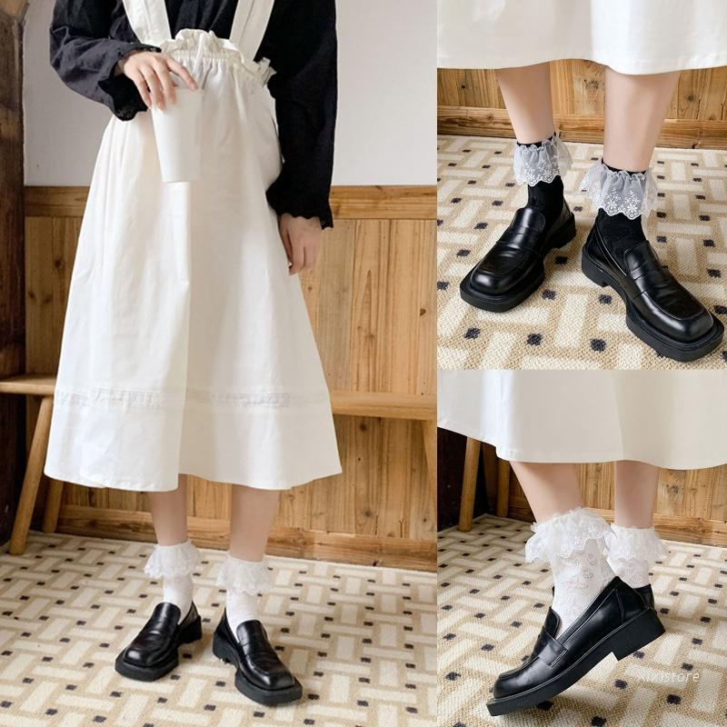 Xixi Vớ Cotton Ngắn Phối Bèo Họa Tiết Hoa Phong Cách Preppy Nhật Bản Cho Nữ