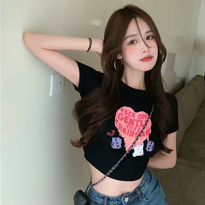 Cotton New Summer T-shirt Love Bear Short Bare Midriff Slim Fit Women's Short Sleeve Slim Fit All-Match Women's Shirt Ins Fashion JRUI