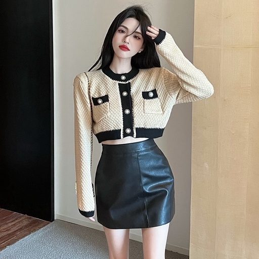 Bộ Áo Cardigan Dệt Kim Dáng Ngắn Phối Màu Tương Phản + Chân Váy pu Lưng Cao Thời Trang Hàn Quốc Cho Nữ