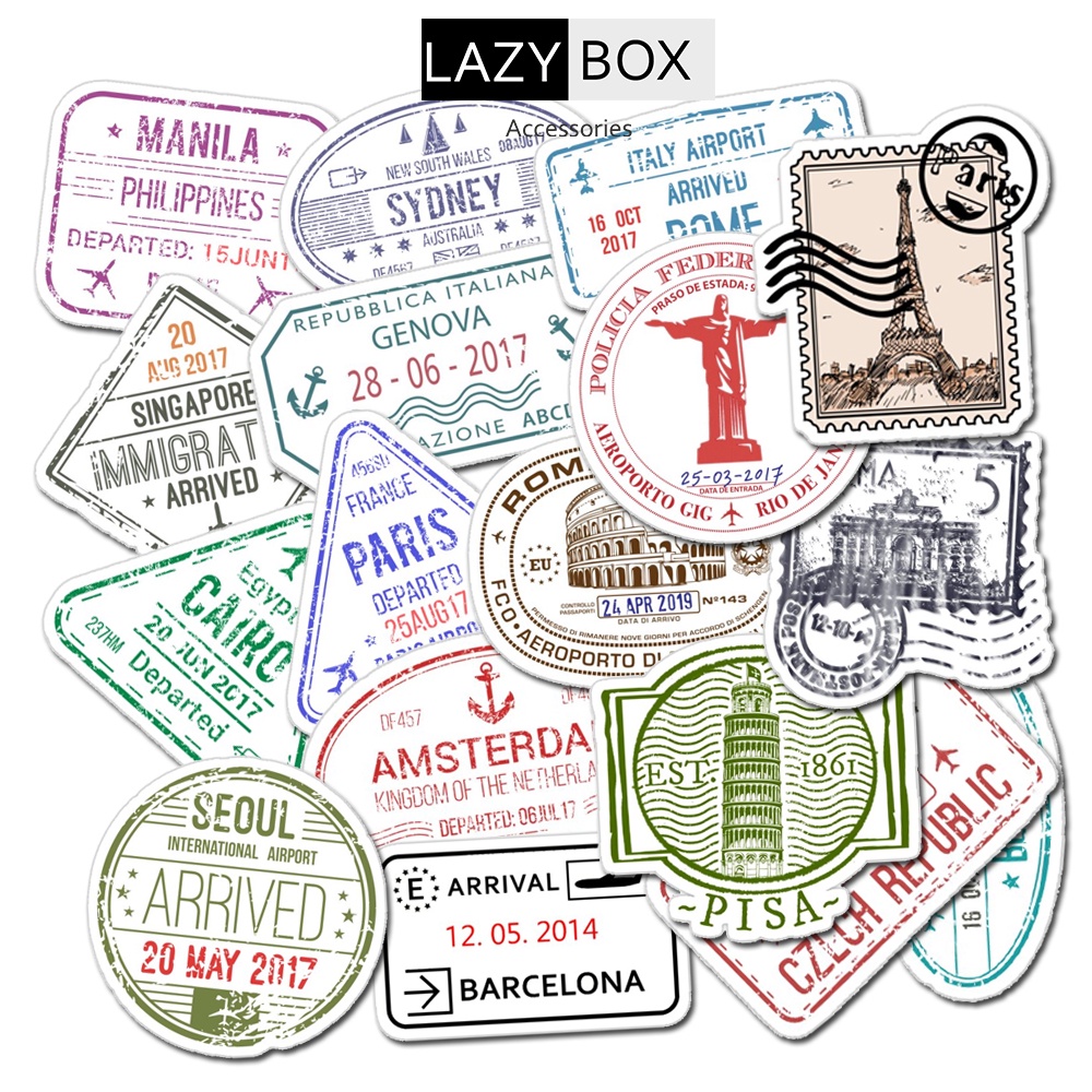 Bộ sticker chủ đề tem visa, dấu mộc, dấu hộ chiếu retro trang trí mũ bảo hiểm, laptop, ván trượt, vali