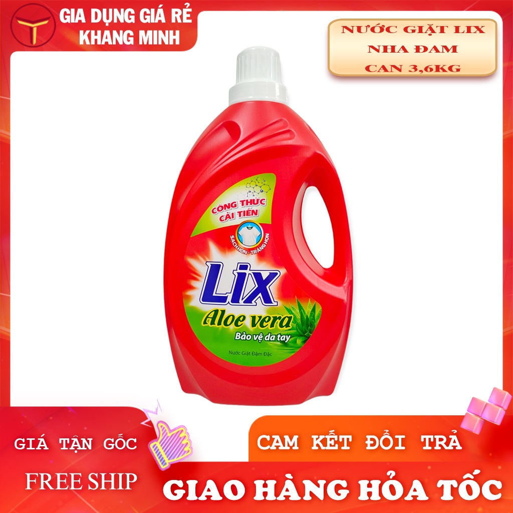 Nước Giặt LIX Đậm Đặc Aloe Vera Can 3,6Kg Chiết Xuất Nha Đam Dùng Cho Máy Giặt Và Giặt Tay