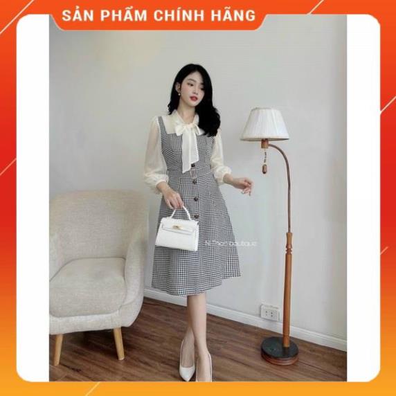 Váy công sở nữ liền thân dáng A ziczac pha voan, buộc nơ cổ có đai thiết kế MQ Boutique cao cấ