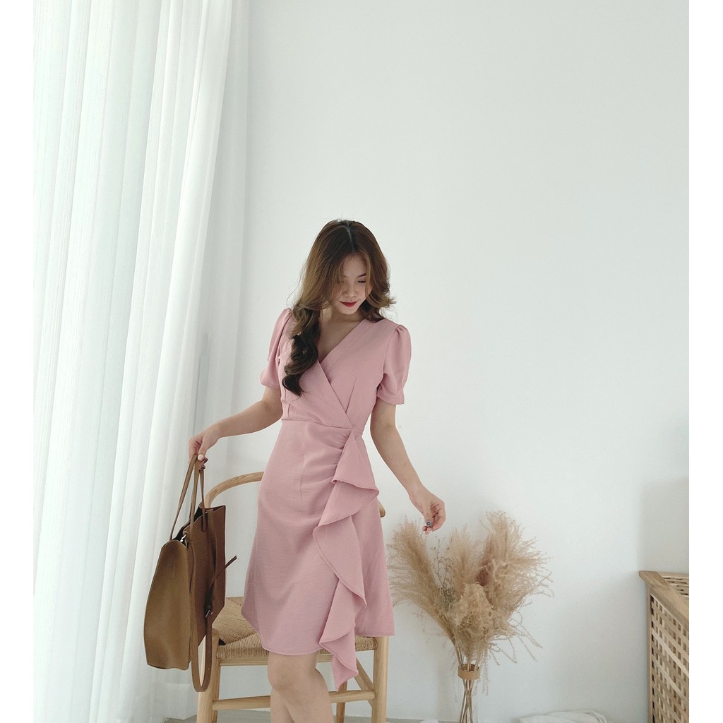 ẢNH THẬT - ĐẦM CỔ ĐẮP CHÉO BÈO LAI - florafashionvn