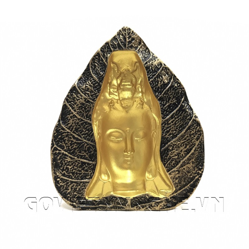 Tượng đá trang trí tượng Phật Quan Thế Âm in trên Lá Bồ Đề phiên bản 3D - Chiều cao 14cm - Màu Nhũ Vàng
