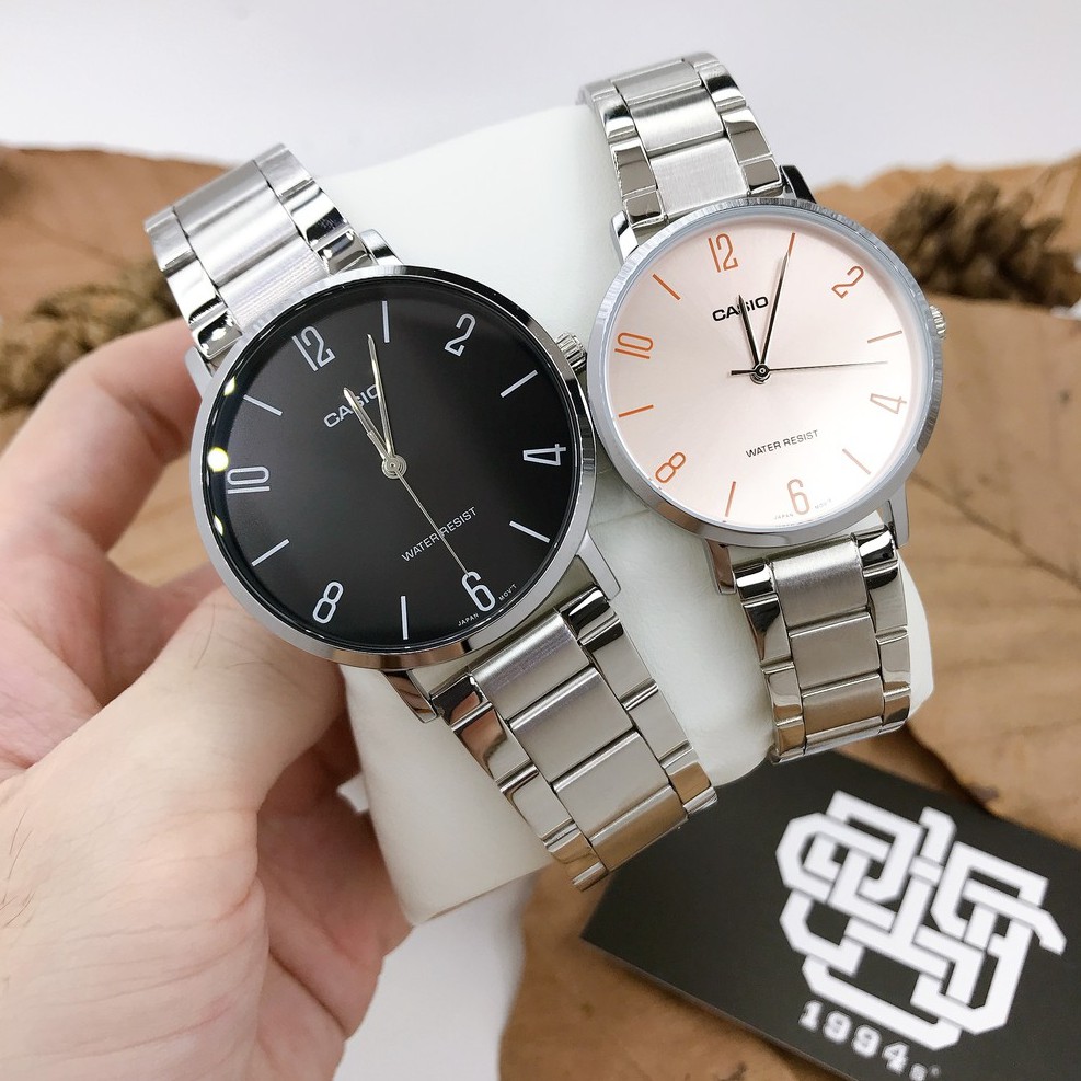 Đồng hồ cặp Casio MTP-VT01D-1B2 / LTP-VT01D-4B2 dây thép không gỉ, size 34mm, 40mm chống nước, hàng chính hãng