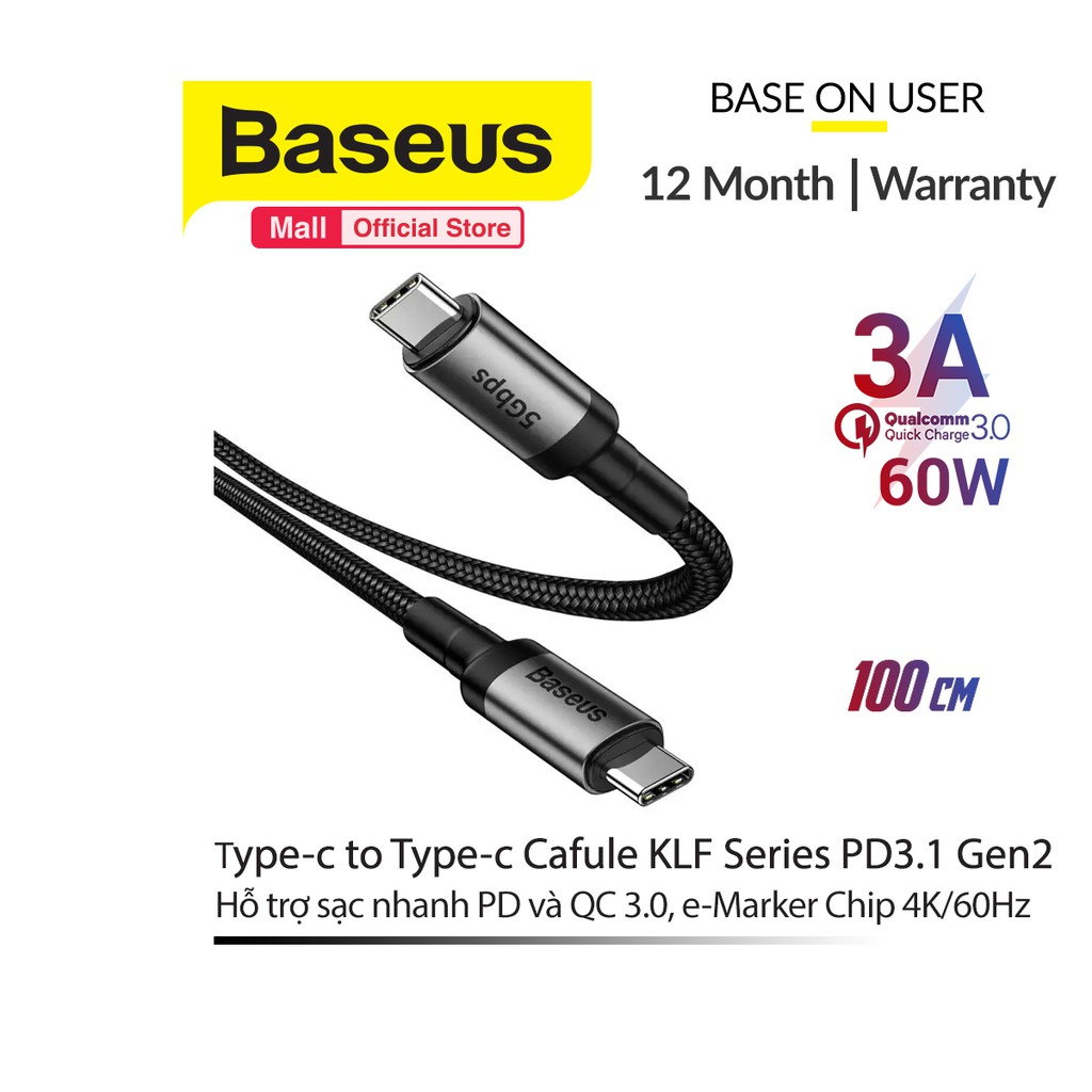 Cáp sạc Baseus Type-c to Type-c Cafule KLF Series PD3.1 Gen1 (Hỗ trợ sạc nhanh PD và QC 3.0, e-Marker Chip 4K/60Hz)