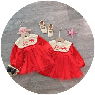 [CÓ ẢNH THẬT] Váy Đỏ Ren Voan Cổ Thêu Love Cực Xinh Cho Bé Diện Noel/Tết V180 - NamKidShop