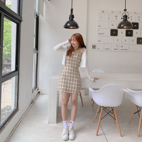 Váy 2 dây buộc eo dáng ôm có khóa sau lưng - váy 2 dây kẻ caro | BigBuy360 - bigbuy360.vn