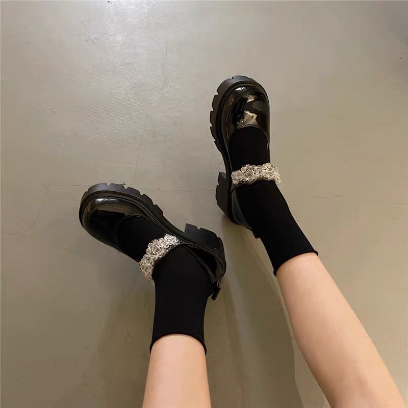 Giày da nữ Mary Jane đế cao quai đính đá Ulzzang dễ thương
