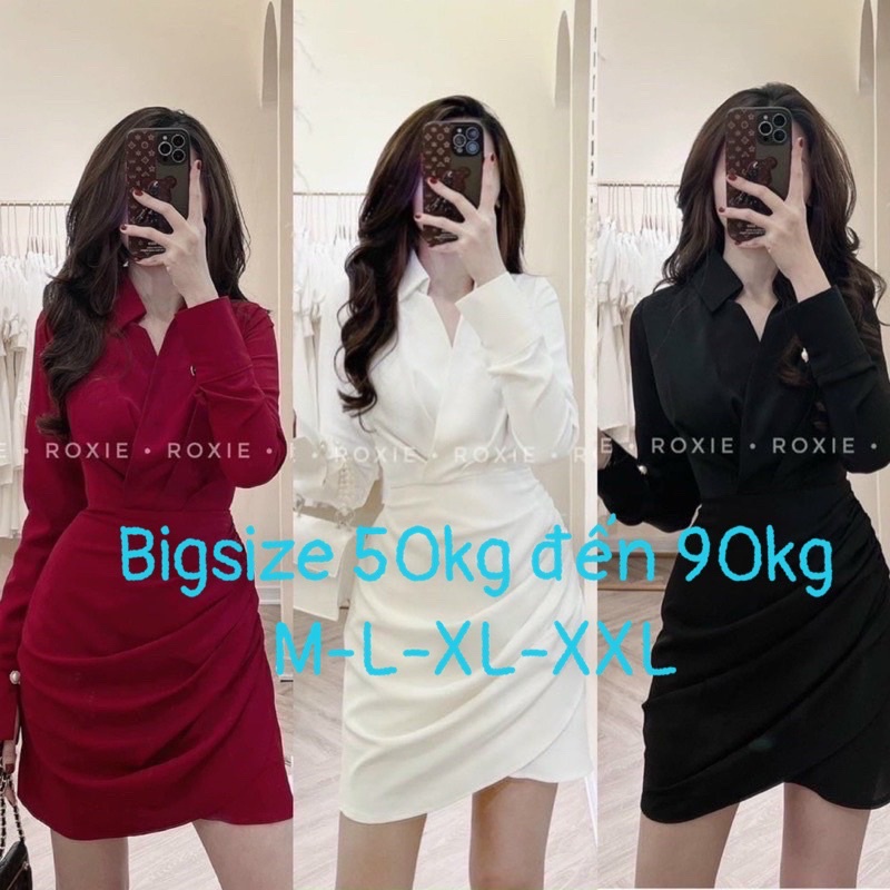 Đầm cổ sơ mi đắp chéo tay dài, đầm dự tiệc dáng ngắn trên gối