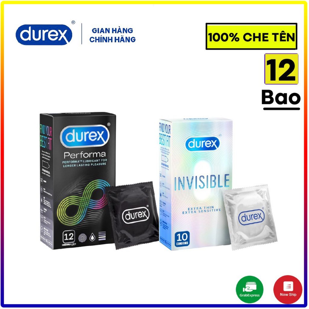 Bộ 2 bao cao su siêu mỏng Durex Invisible 10 bao và Durex Performa 12 bao. Tặng kèm hôp 3 bao cao su durex.