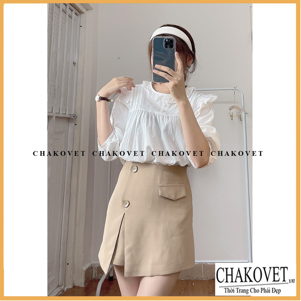 Áo babydoll tay lỡ 2 cúc bọc cka803, kiểu áo sơ mi nữ cao cấp cổ tròn bèo màu trắng phong cách ulzzang đẹp dễ thương | BigBuy360 - bigbuy360.vn